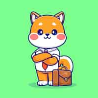 무료 벡터 가방 만화 벡터 아이콘 일러스트와 함께 귀여운 shiba inu 개 직원. 동물 사업 절연