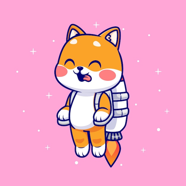 Cute Shiba Inu Dog Flying With Rocket In Space Cartoon Vector Icon Illustration. Animal Technology
