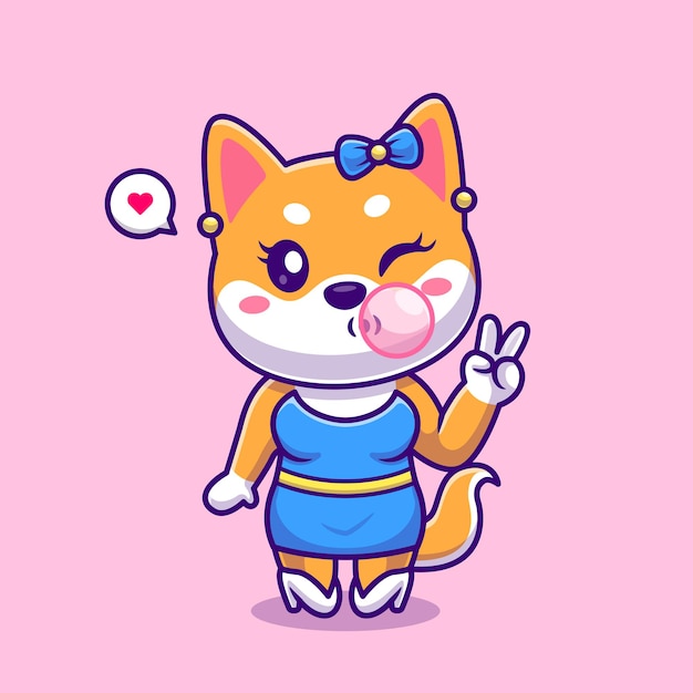 Free vector cute shiba inu dog girl blowing candy bubble gum cartoon vector icon illustration animal food flat