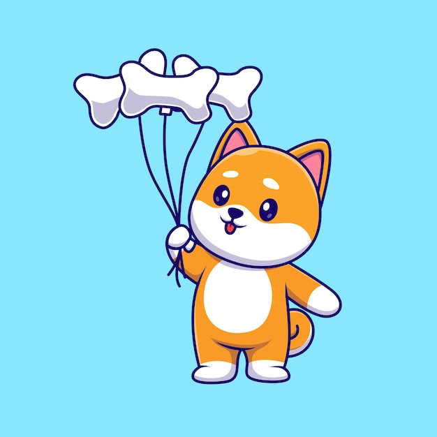 Vettore gratuito carino shiba inu dog holding bone balloon cartoon icona vettore illustrazione. vacanza animale isolata