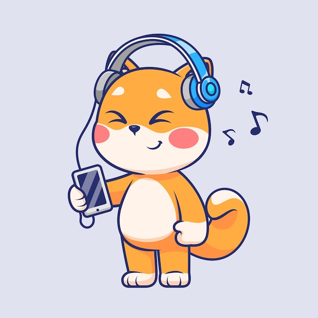 Cuccino shiba inu cane che ascolta musica sul telefono con le cuffie cartoon vector icon illustrazione animale