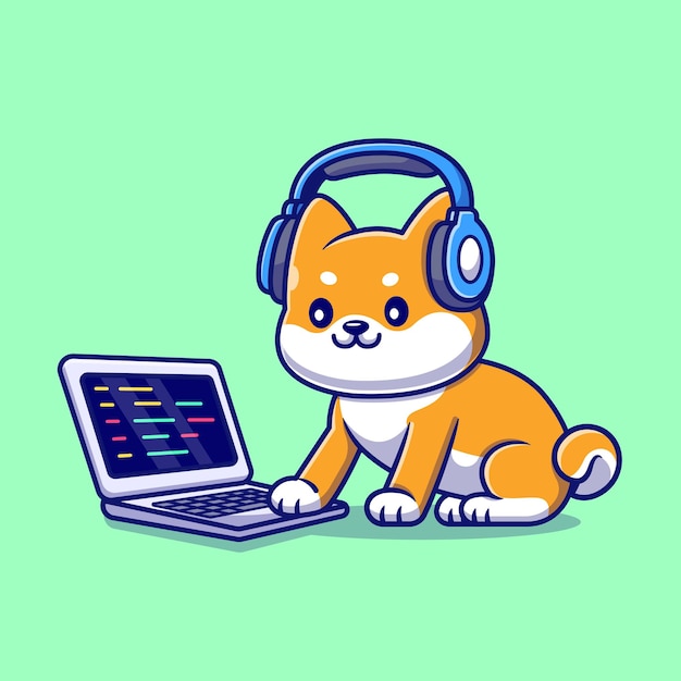 무료 벡터 귀여운 shiba inu 개 노트북 및 헤드폰 만화 벡터 아이콘 일러스트 플랫으로 음악을 듣고