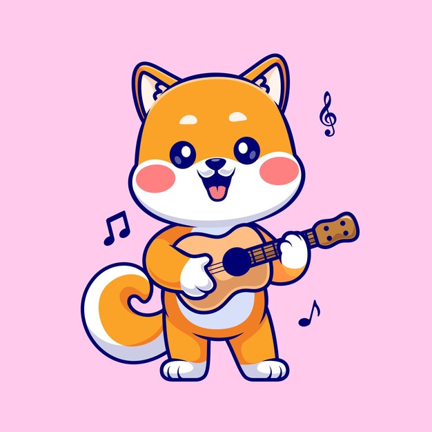 Cute Shiba Inu Dog Playing Guitar Cartoon Vector Icon Illustration. Animal Music Icon Isolated