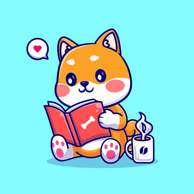 귀여운 Shiba Inu 강아지 커피 만화 벡터 아이콘 일러스트와 함께 책을 읽고. 동물 교육 아이콘