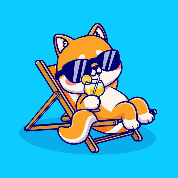 Cute Shiba Inu Dog Relaxing On Bench And Drink Orange Juice Cartoon Vector Icon Illustration Animal