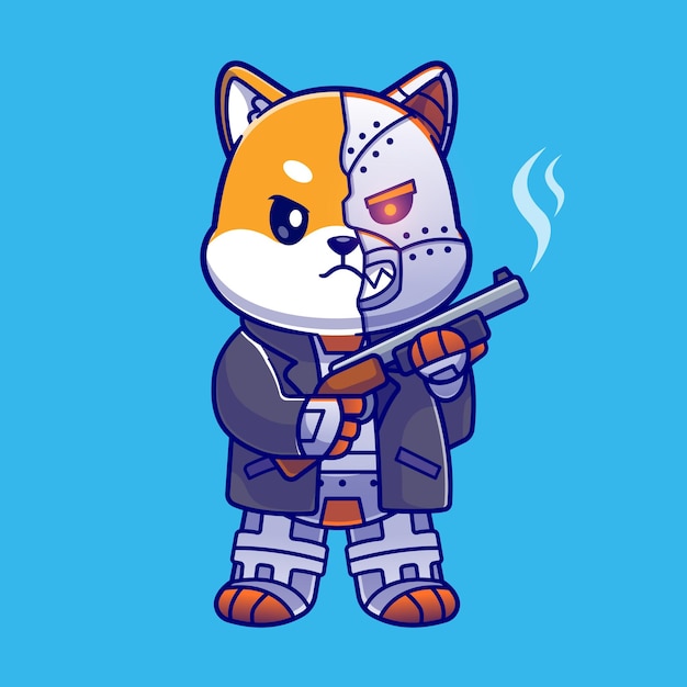 Cute shiba inu dog robot cyborg holding gun cartoon vector icon illustration. animal technology icon