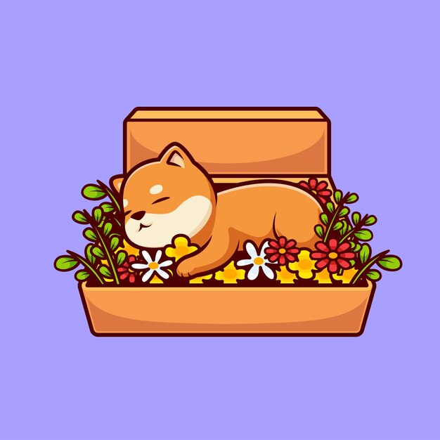 Simpatico cane shiba inu che dorme su flower cartoon vector icon illustration vacanza animale isolato piatto