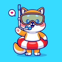 Cute shiba inu dog snorkeling and waving hand cartoon vector icon illustration animal holiday icon