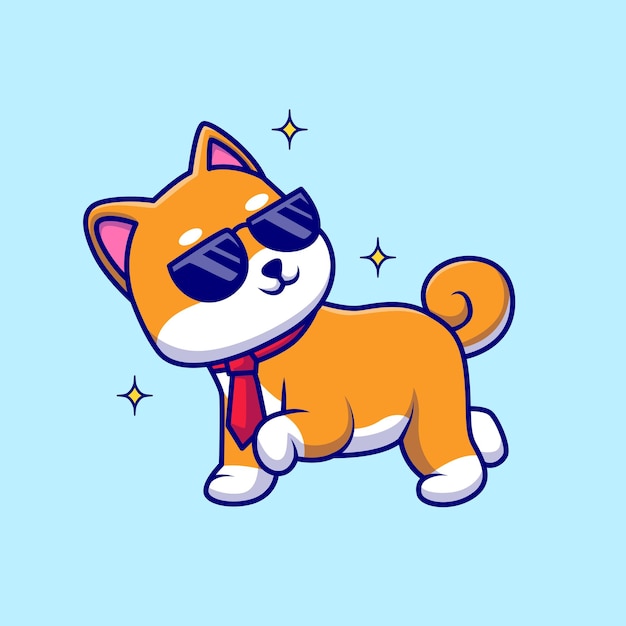 Cute Shiba Inu Dog Wearing Glasses With Tie Cartoon Vector Icon Illustration. Animal Business Icon