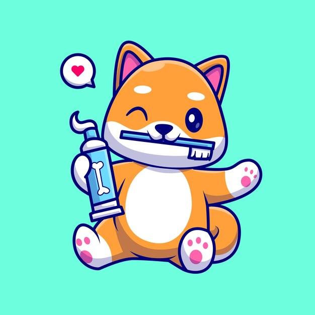 歯ブラシと歯磨き粉の漫画ベクトル アイコン イラストかわいい柴犬犬。動物の健康