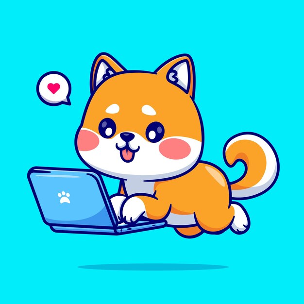 Симпатичная собака Шиба-ину, работающая на ноутбуке