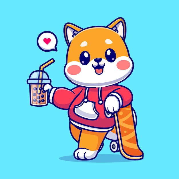 스케이트 보드 만화 벡터 아이콘 일러스트 동물 음료와 귀여운 Shiba Inu 음료 보바 우유 차