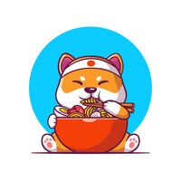 Cute shiba inu eating ramen noodle cartoon vector illustration. animal food  concept isolated  vector. flat cartoon style