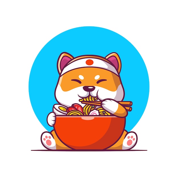 かわいい柴犬ラーメンを食べる漫画ベクトルイラスト。動物性食品コンセプト分離ベクトル。フラット漫画スタイル