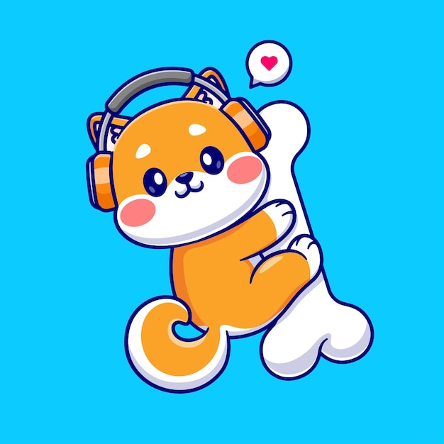 Cute Shiba Inu Hug Bone With Headphone Cartoon Vector Icon Illustration Animal Nature Icon Isolated