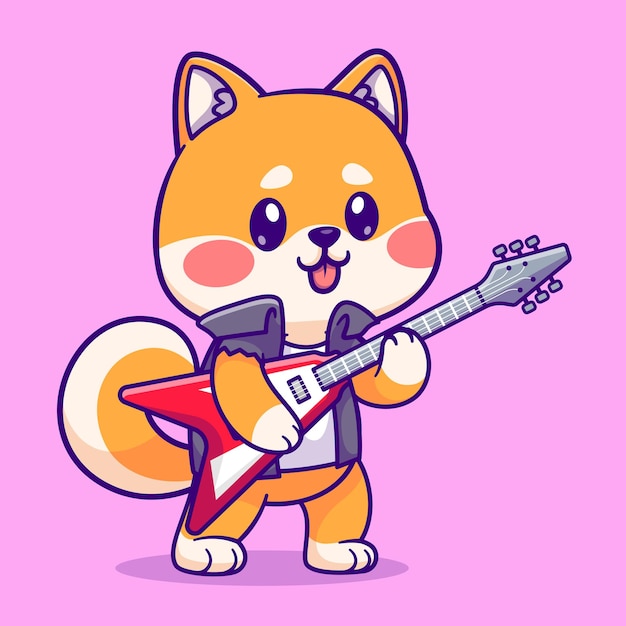 전기 기타를 연주하는 귀여운 Shiba Inu 만화 벡터 아이콘 일러스트 절연 동물 음악 아이콘