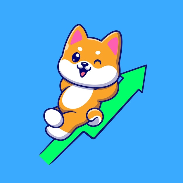 Cute shiba inu on rising graph cartoon vector icon illustration. animal finance icon concept isolated premium vector. flat cartoon style