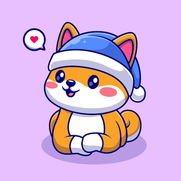 Cute Sitting Shiba Inu Dog Winter With Beanie Hat Cartoon Vector Icon Illustration Animal Nature