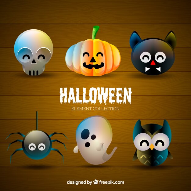 Cute skull, pumpkin, black cat, spider, ghost and owl for halloween design