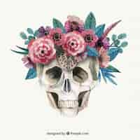 Free vector cute skull with watercolor flowers