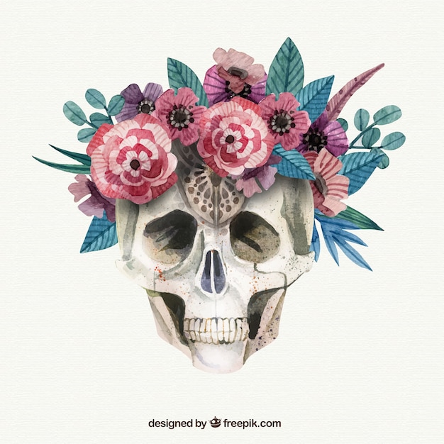 Cute skull with watercolor flowers