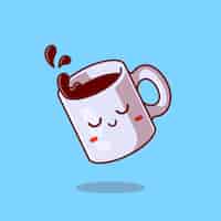 無料ベクター コーヒー漫画アイコンイラストとかわいい眠そうなマグカップ。