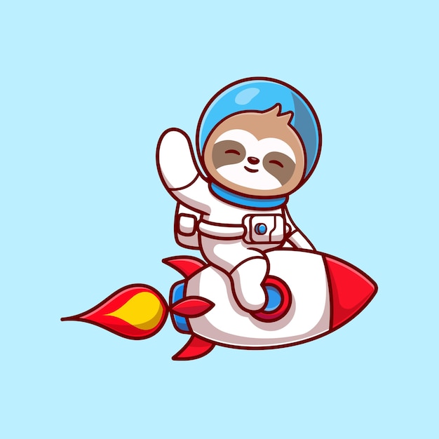 ロケットに乗って手を振るかわいいナマケモノ宇宙飛行士漫画ベクトルアイコンイラスト。動物技術アイコンコンセプト分離プレミアムベクトル。フラット漫画スタイル