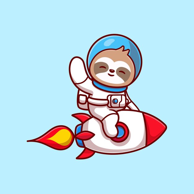 Cute Sloth Astronaut Riding Rocket And Waving Hand Cartoon Vector Icon Illustration. Animal Technology Icon Concept Isolated Premium Vector. Flat Cartoon Style