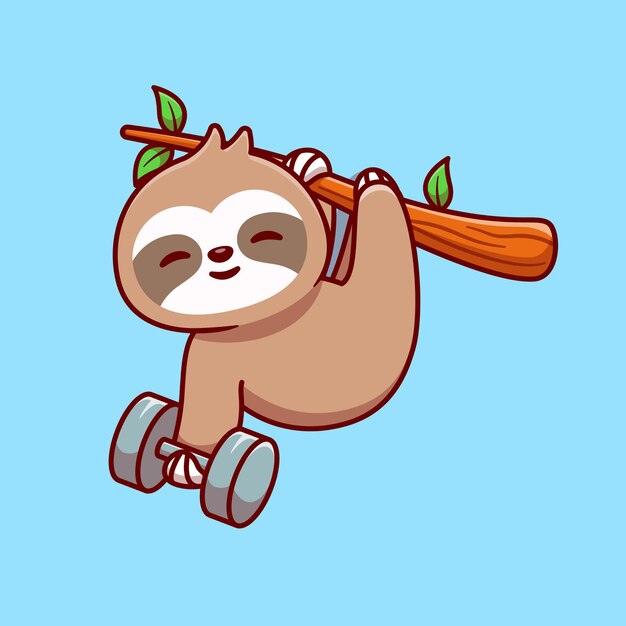 Cute Sloth Holding Dumbbell Cartoon Vector Icon Illustration. Animal Sport Icon Concept Isolated Premium Vector. Flat Cartoon Style