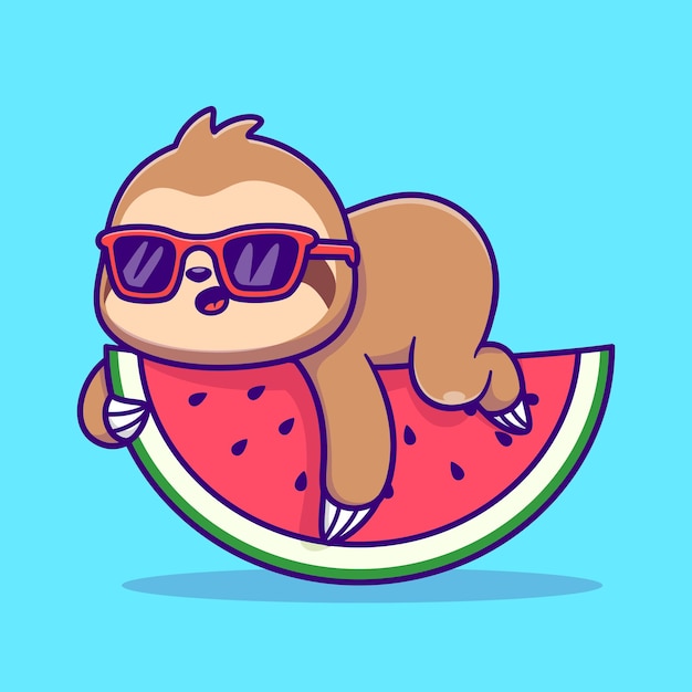 Free vector cute sloth laying on watermelon with glasses cartoon vector icon illustration animal holiday icon