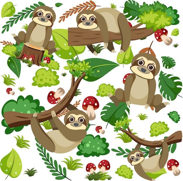 Free vector cute sloth seamless pattern