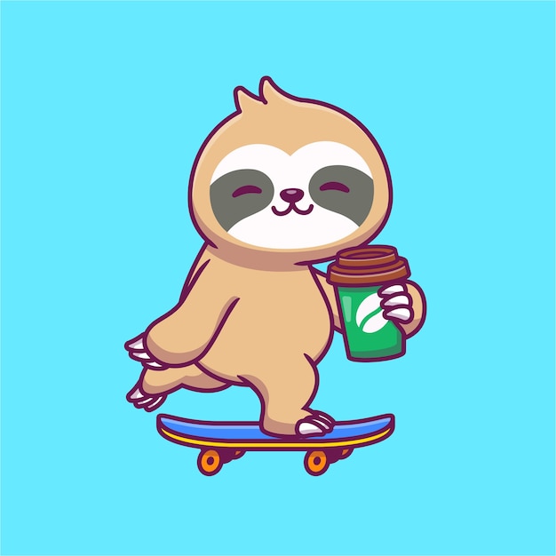 Cute Sloth Skateboarding And Holding Coffee Cartoon   Illustration. Animal Food And drink  Concept Isolated . Flat Cartoon 