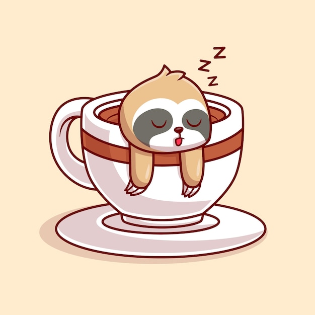 Милый ленивец спит в кофейной чашке. изолированная плоская икона животного напитка