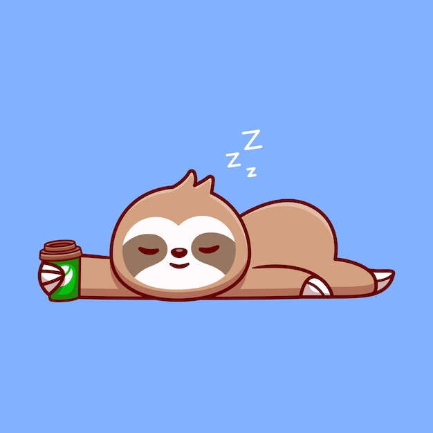 コーヒーカップ漫画ベクトルアイコンイラストで眠っているかわいいナマケモノ。動物の飲み物のアイコンの概念は、プレミアムベクトルを分離しました。フラット漫画スタイル