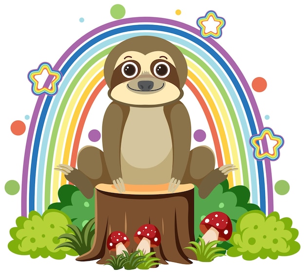 Free vector cute sloth on stump in flat cartoon style