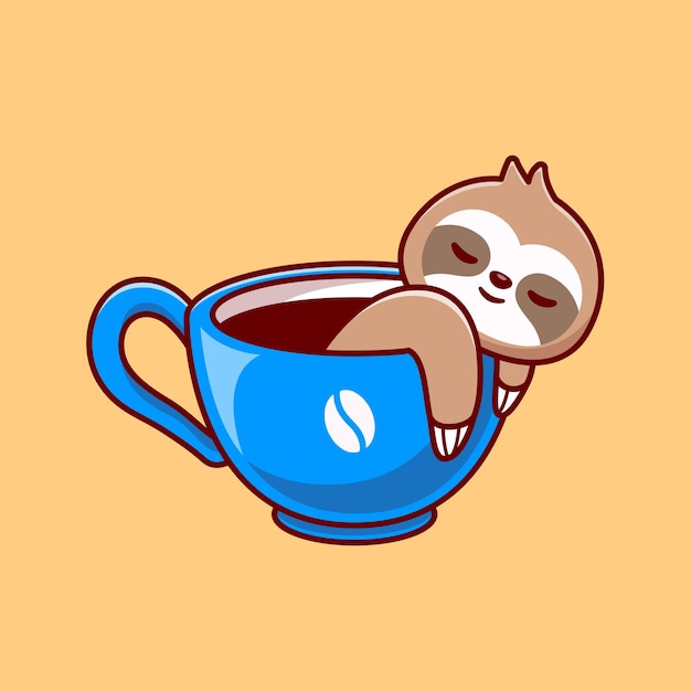 Cute Sloth With Coffee Cup Cartoon Vector Icon Illustration. Animal Drink Icon Concept Isolated Premium Vector. Flat Cartoon Style