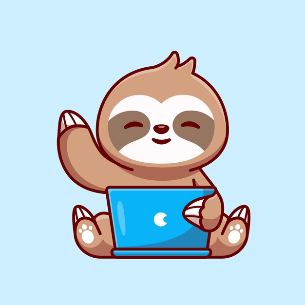 Симпатичный ленивец, работающий на ноутбуке мультфильм векторные иллюстрации значок. Концепция значок технологии животных, изолированные Premium векторы. Плоский мультяшном стиле