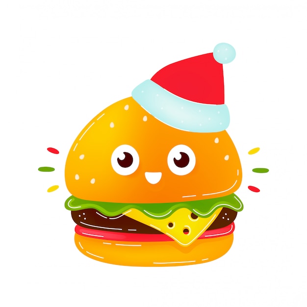 크리스마스 모자에 귀여운 웃는 행복 한 햄버거
