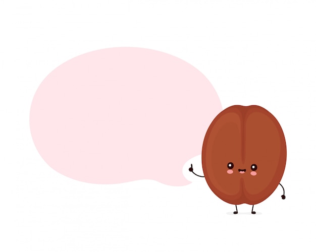 吹き出しとかわいい笑顔幸せなコーヒー豆 フラット漫画キャラクターイラストアイコンデザイン 白い背景で隔離 コーヒー豆キャラクターコンセプト プレミアムベクター