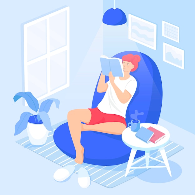 Free vector cute smiling lady sitting in comfy armchair and reading fiction book