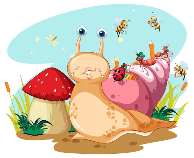 Cute snail and insects in cartoon style