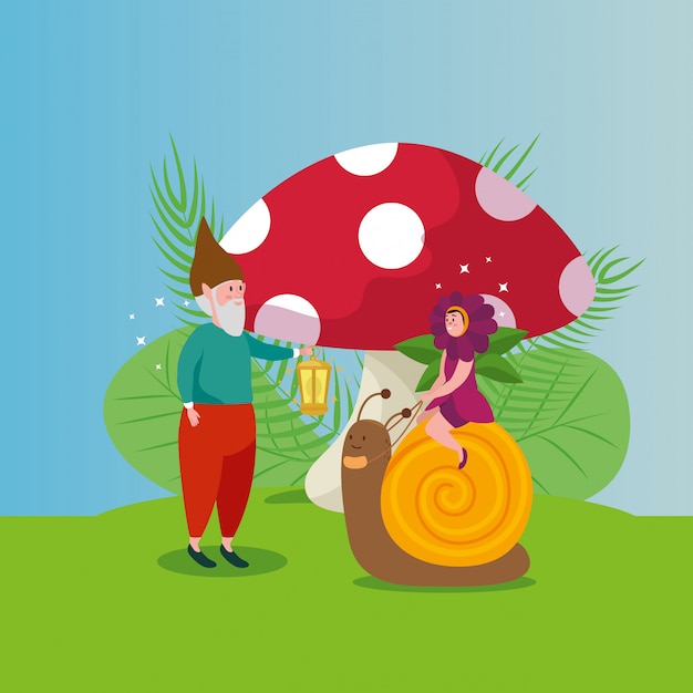 Free vector cute snail with dwarf in scene fairytale