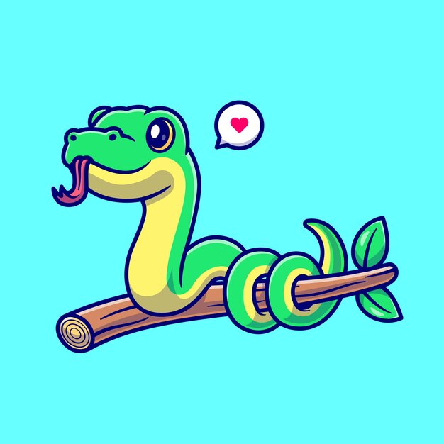 Cute Snake On Branch Cartoon Vector Icon Illustration. Animal Nature Icon Concept Isolated Premium Vector. Flat Cartoon Style