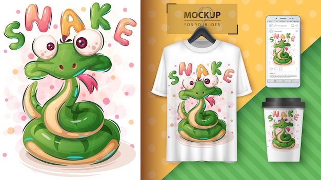 Бесплатное векторное изображение Симпатичный змеиный плакат и мерчендайзинг