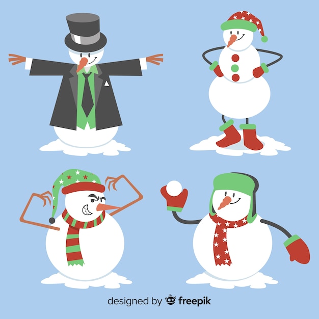 Free vector cute snowman character collection in flat design