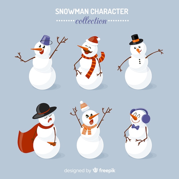 Симпатичная коллекция символов снеговика в плоском дизайне