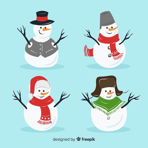 Бесплатное векторное изображение Симпатичная коллекция символов снеговика в плоском дизайне