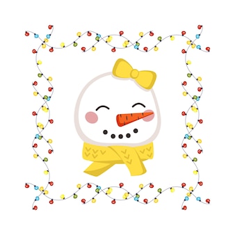 스카프를 두른 귀여운 눈사람과 조명이 있는 축제 화환으로 만든 프레임이 있는 유치한 스타일의 활. 행복한 얼굴을 가진 재미있는 캐릭터. 휴일과 새해를 위한 벡터 평면 그림