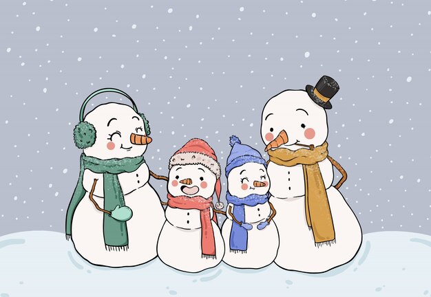 Cute snowmen family staying in the snow