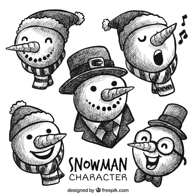 Free vector cute snowmen with hats sketches